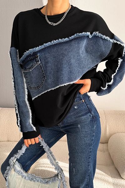 Laluvia Schwarzes, asymmetrisches Sweatshirt mit Denim-Detail