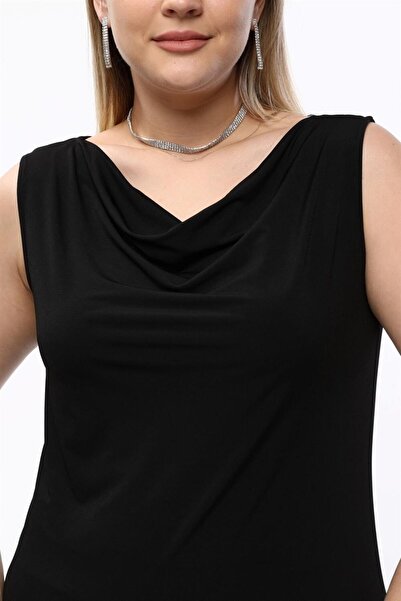 Seamoda Degaje Collar Sandy Plus Size Women's Basic Blouse 4 Seasons Comfortable Use Stylish Undershirt-black