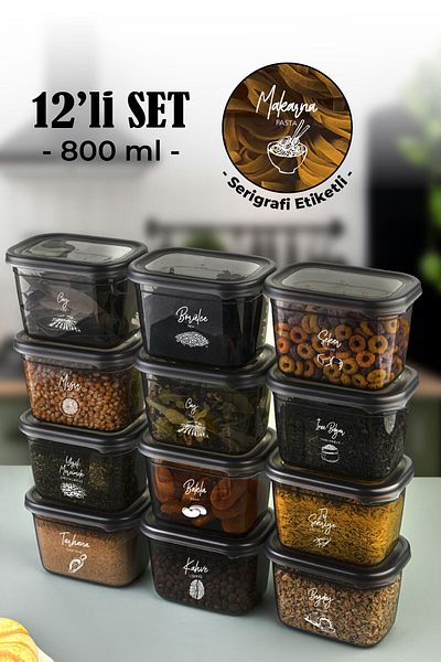 Vienev Set of 12 Peggy Rectangular Storage Containers with White Screen Printing Label 800 Ml Anthracite