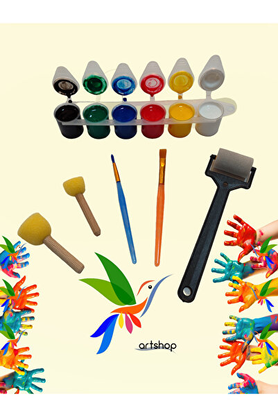 Artshop 6x15 ml Parmak Boyası, Ponpon Fırça, Çocuk Renkli Fırça, Sünger Rulo ...