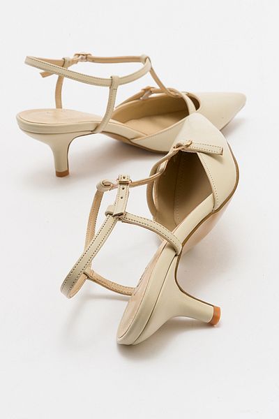 LuviShoes FRENCH Ecru Skin Damenschuhe mit spitzer Spitze, offener Rückseite und kurzem Absatz