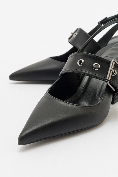 LuviShoes NEPIDO Black Skin Women's Pointed Toe Open Back Thick Heeled Shoes