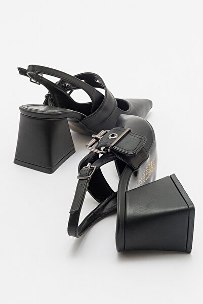 LuviShoes NEPIDO Black Skin Women's Pointed Toe Open Back Thick Heeled Shoes