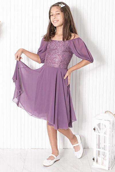 SUBU TASARIM Lilac Chiffon Evening Dress - Balloon Sleeve Detail Mdv332