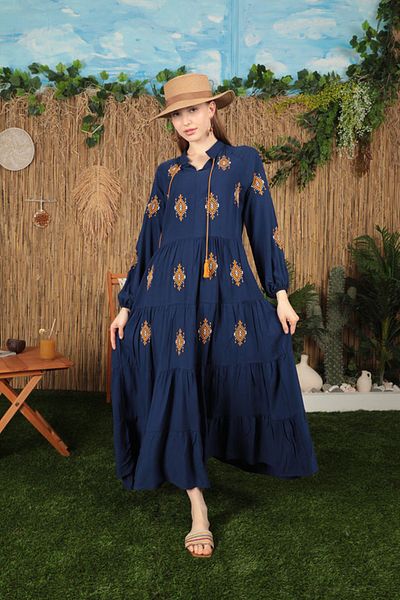 RICHMOST Women's Dress with Crunchy Embroidery Detail on the Front and Long Sleeves, Tall Viscose Fabric, Navy Blue Summer/Spring