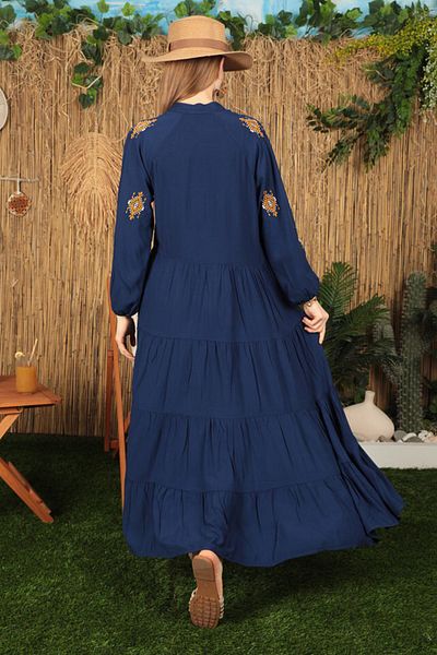 RICHMOST Women's Dress with Crunchy Embroidery Detail on the Front and Long Sleeves, Tall Viscose Fabric, Navy Blue Summer/Spring