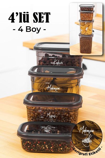 Vienev Set of 4 Peggy Rectangular Storage Containers with White Screen Printing Label 1x(1500-1150-800-400 Ml) Anthracite