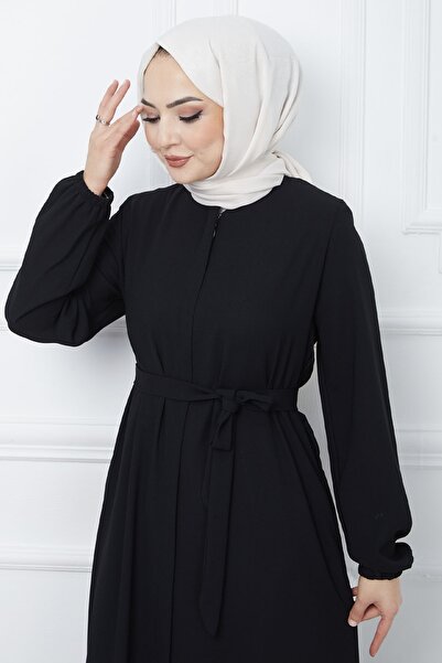 InStyle Kemerli Petek Kumaş Ferace - Siyah