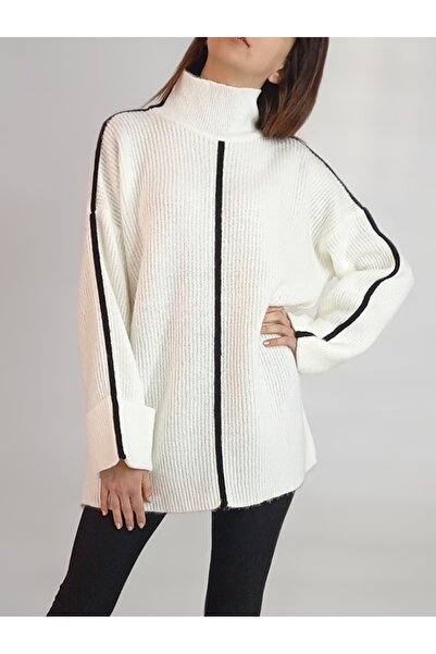 oyagüler WOMEN'S BROKEN WHITE BLACK STRIP DETAILED FISHING NECK TRICOT Pullov...