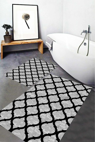 MABEBA TEKSTİL Lidya Patterned Washable Non-Slip Base 2-Piece Bathroom Rug Ba...