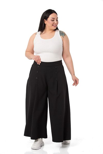 DISENTIS MODEST Large Size Button Detailed Wide Leg Zippered Black Trousers