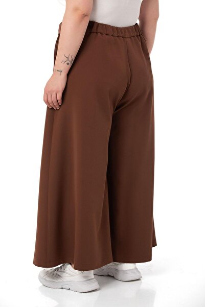 DISENTIS MODEST Large Size Button Detailed Wide Leg Zippered Brown Trousers