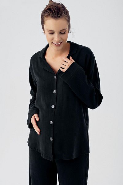Artış Double Layer Muslin Cotton Adjustable High Waist Button Up Shirt Collar Maternity Pajamas Set