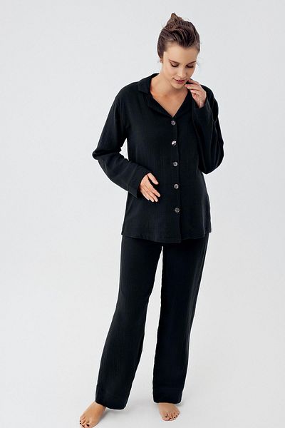 Artış Double Layer Muslin Cotton Adjustable High Waist Button Up Shirt Collar Maternity Pajamas Set