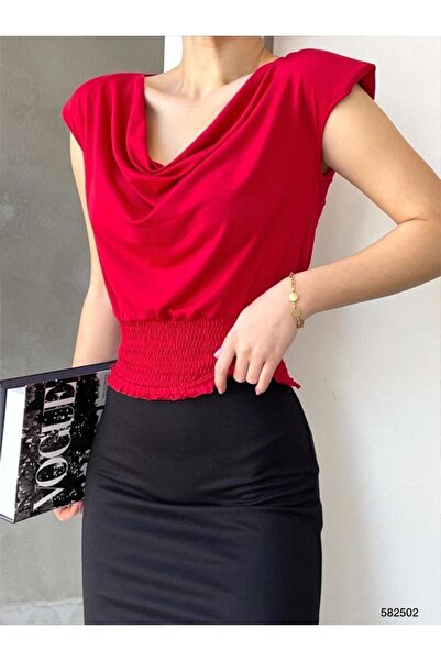 rengamoda Draped Collar Padded Sandy Blouse with Bottom Gips