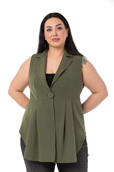 DISENTIS MODEST Large Size Covered Buttoned Skirt Pleated Short Khaki Vest