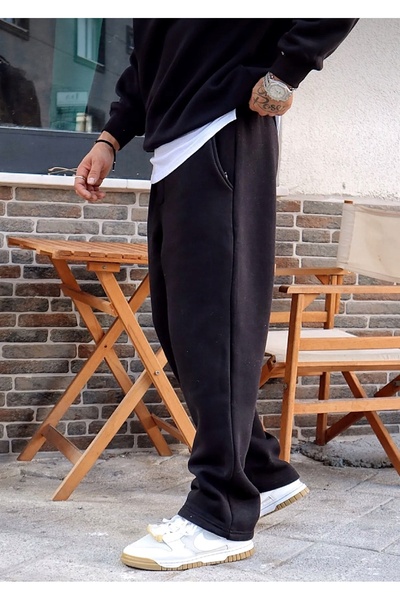 FİTGO Ανδρικό φαρδύ μαύρο φούτερ με 3 κλωστές