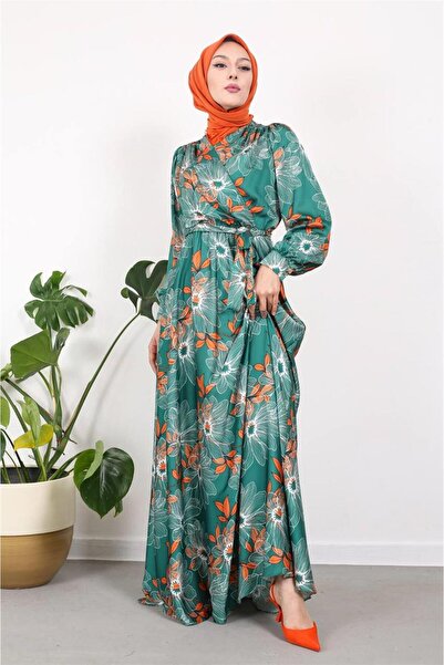 moda periy Kadın Çiçek Desenli V Yaka Kuşaklı Dökümlü Kloş Tesettür Saten Abiye Elbise