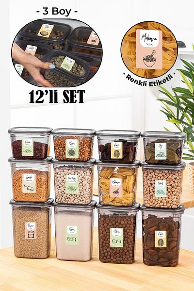 Vienev Set of 12 Peggy Rectangular Storage Containers with Colorful Labels 4x(1500-1150-800 Ml) Anthracite