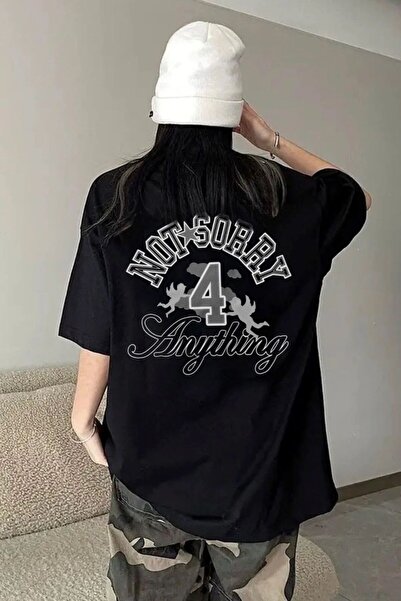 DEEFWEAR Черна унисекс тениска с щампа на гърба „Не съжалявам за всичко“ - mi...