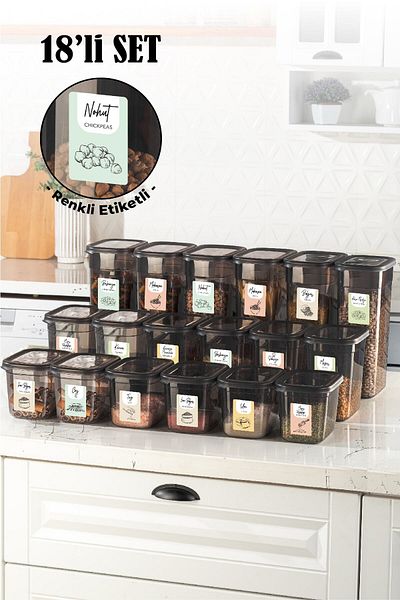 Vienev Set of 18 Peggy Rectangular Storage Containers with Colorful Labels 6x(1.3-2-3.2 Liters) Anthracite