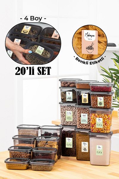 Vienev Set of 20 Peggy Rectangular Storage Containers with Colorful Labels 5x(1500-1150-800-400 Ml) Anthracite