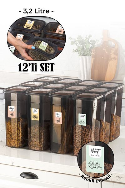 Vienev Set of 12 Peggy Rectangular Storage Container with Colorful Labels 3.2 Liters Anthracite