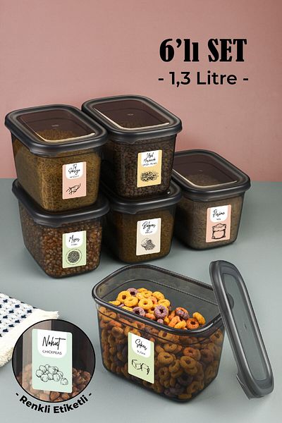 Vienev Set of 6 Peggy Rectangular Storage Container with Colorful Labels 1.3 Liter Anthracite