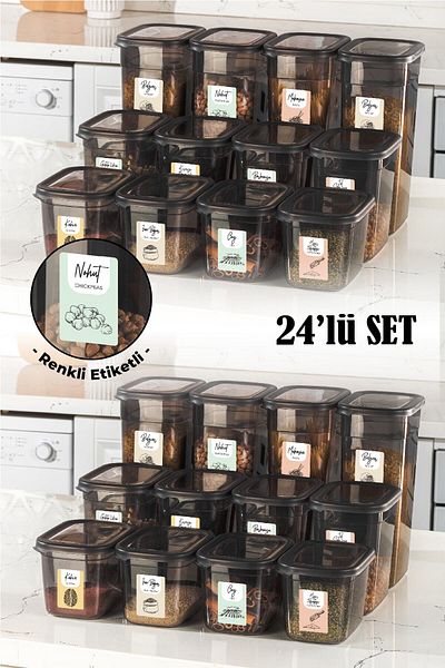Vienev Set of 24 Peggy Rectangular Storage Containers with Colorful Labels 8x(1.3-2-3.2 Liters) Anthracite