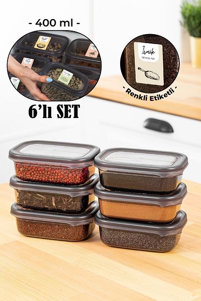 Vienev Set of 6 Peggy Rectangular Spice Storage Containers with Colorful Labels 400 Ml Anthracite