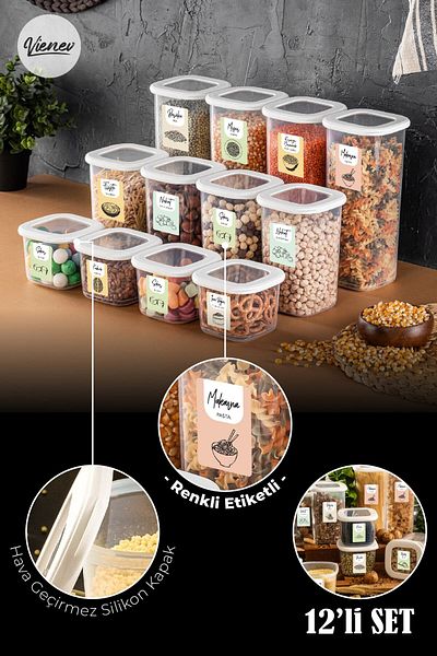 Vienev Set of 12 Square Food Container with Colored Labels 4x (0.55 Liters, 1.2 Liters, 1.75 Liters) White