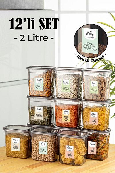 Vienev Set of 12 Peggy Rectangular Storage Container with Colorful Labels 2 Liters Anthracite