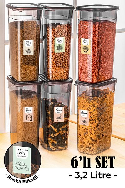 Vienev Set of 6 Peggy Rectangular Storage Container with Colorful Labels 3.2 Liter Anthracite