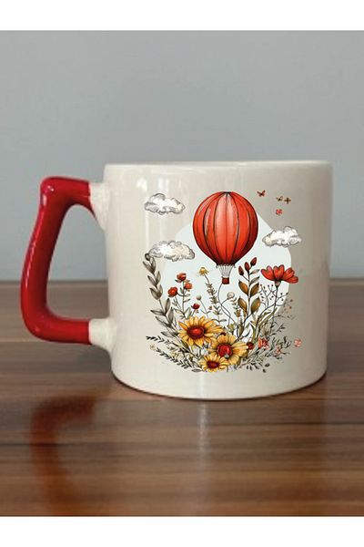 lili hediyelik Flowers And Balloons Themed Red Handle Mug Cup - Ceramic Tea, Coffee Gift Cup