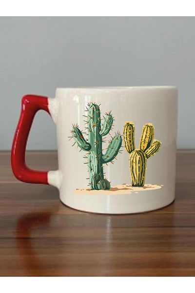 lili hediyelik Cactus Themed Red Cup Mug - Ceramic Tea, Coffee Gift Cup