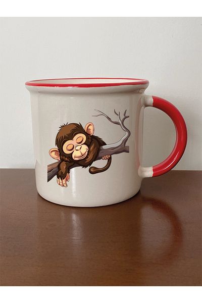 lili hediyelik Monkey on Branch Themed Red Mouth Mug - Ceramic Tea, Coffee Gift Cup