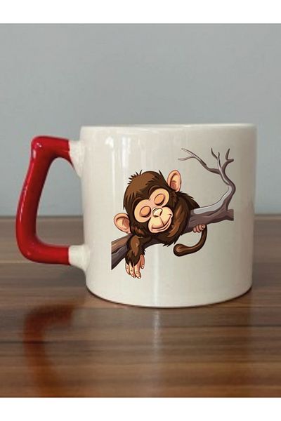 lili hediyelik Monkey on the Branch Themed Red Handle Mug - Ceramic Tea, Coffee Gift Cup
