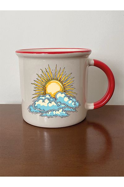 lili hediyelik Sun Behind the Clouds Themed Red Mouth Mug Cup - Ceramic Tea, Coffee Gift Cup