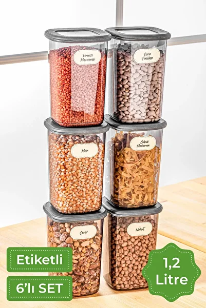 Vienev Labeled Square Food Storage Container Set of 6 Medium Size 1.2 Liter Anthracite