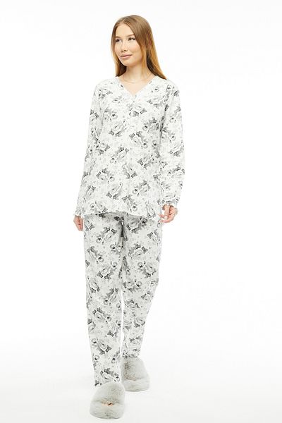 ANGELİNA White Rib Long Sleeve Thick Cotton Women's Pajamas Set - 6880