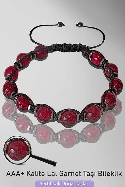 Tesbih Atölyesi Certified Macrame Faceted Lal Garnet Granate Stone Bracelet - Adjustable