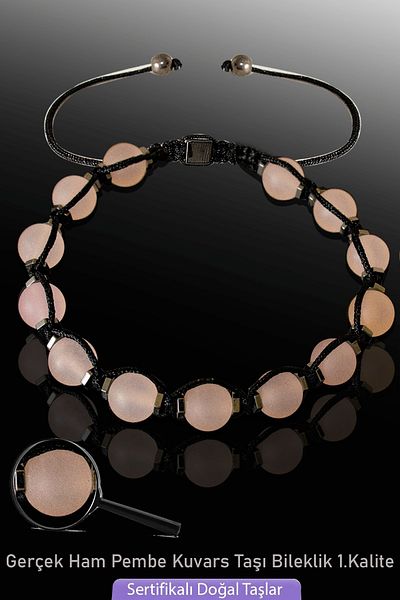 Tesbih Atölyesi Certified Macrame Hematite Real Raw Pink Quartz Stone Bracelet - Adjustable