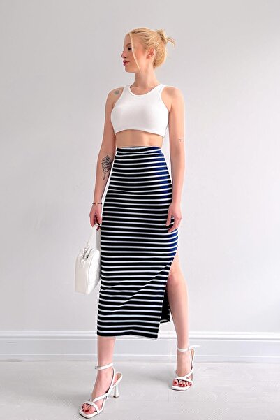 Touz Moda Fustă lungă cu dungi Y2k Bleumarin-Alb