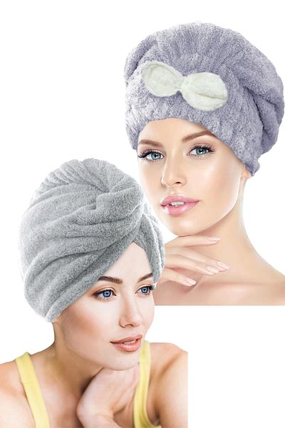 CHIZGY Double Set Hair Towel Cap with Elastic Bow & Microfiber 2 Button Hair Towel