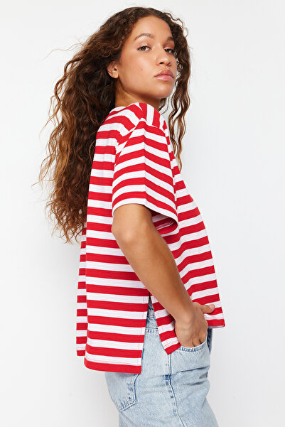 Trendyol Collection Red Striped 100% Thick Cotton Asymmetric Loose/Casual Cut Knitted T-Shirt Twoss24Ts00058