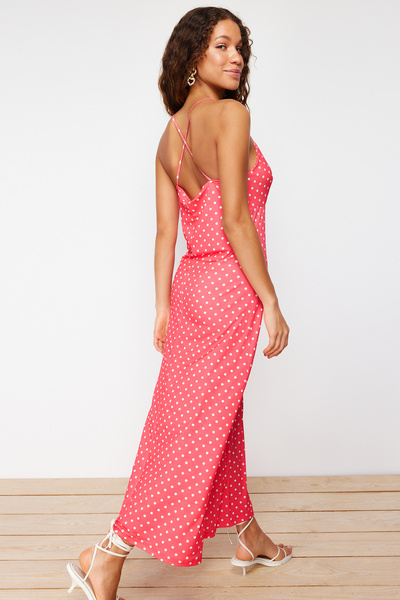 Trendyol Collection Flexible Polka Dot Red Maxi Dress - Adjustable Strap, A-Line TWOSS24EL00582