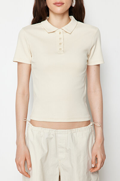 Trendyol Collection Beige Polo Neck Buttoned Short Sleeve Stretchy Ribbed Knitted Blouse TWOSS24BZ00111