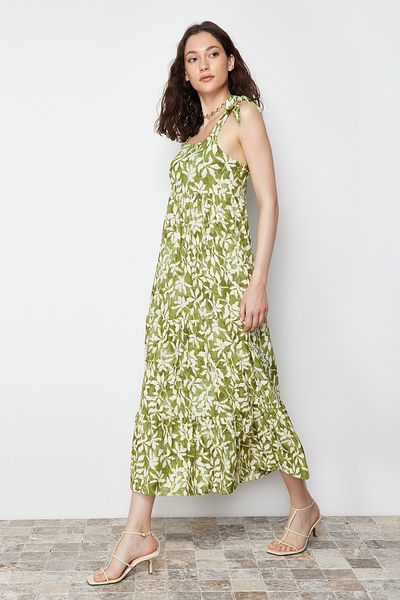 Trendyol Collection Πράσινη κρεμαστή φούστα βολάν με ριμπ μάξι πλεκτό μάξι φόρεμα TWOSS23EL02328