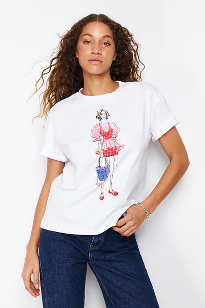 Trendyol Collection Bílé 100% bavlna s potiskem Uvolněný/pohodlný střih Pletené tričko TWOSS24TS00054
