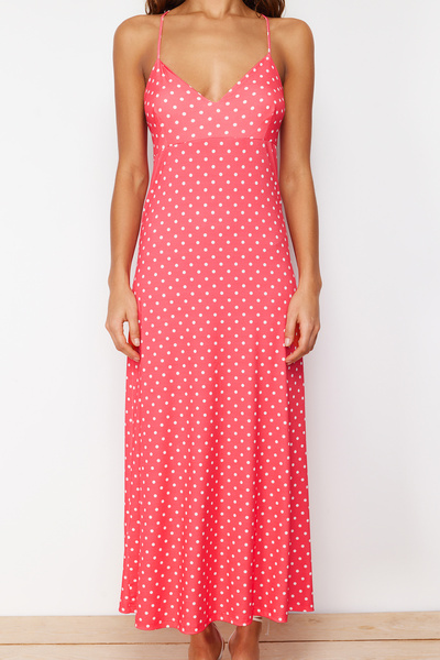 Trendyol Collection Flexible Polka Dot Red Maxi Dress - Adjustable Strap, A-Line TWOSS24EL00582